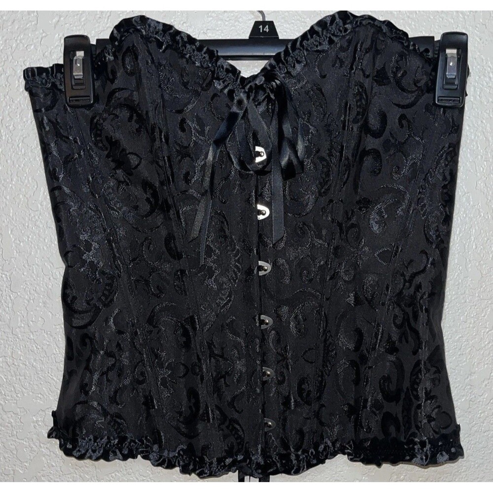 Bustier Corset Top Satin Ruffle Trim Brocade Lace Up Back Woman Sz L Black